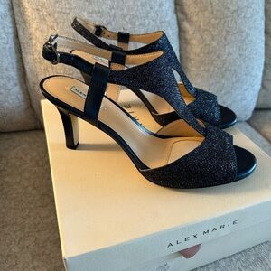 Alex Marie Navy Glitter T-Strap Dress Heels Size 8